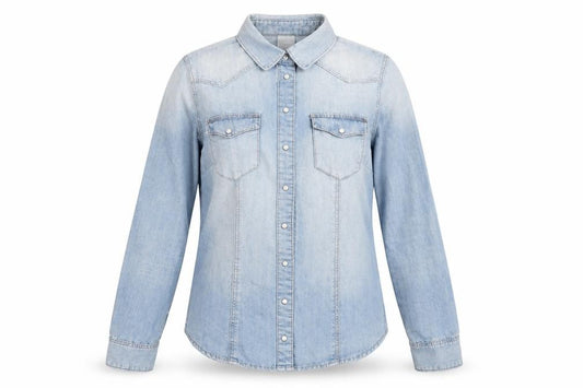 Front view of H&M women’s blue cotton basic button-up, size UK 8, v-neck