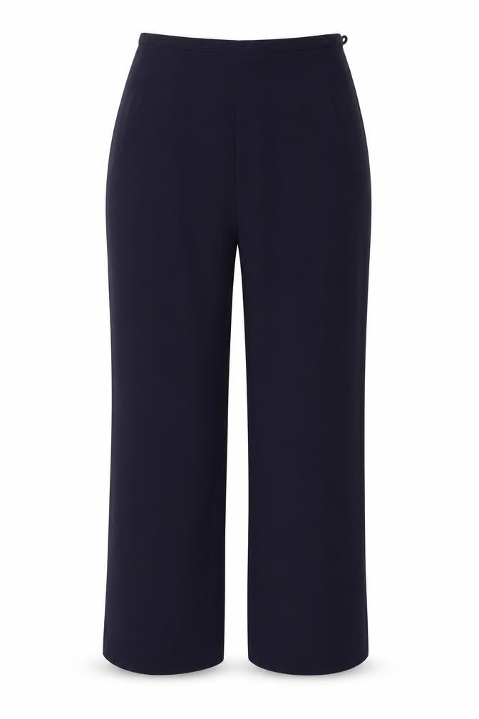 Front view of BHS women’s blue polyester trousers, size UK 14, regular zip