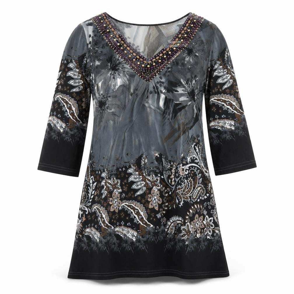 Front view of Solo women’s multicoloured geometric viscose kaftan, size S, v-neck pullover