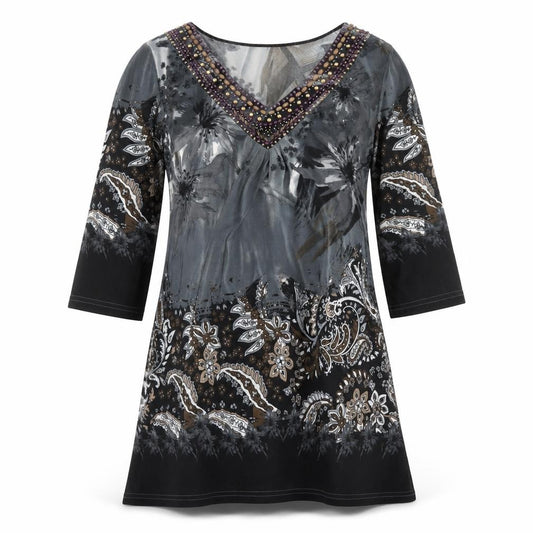 Front view of Solo women’s multicoloured geometric viscose kaftan, size S, v-neck pullover