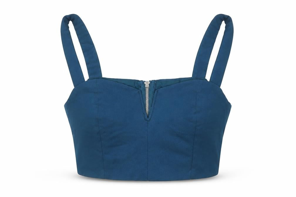 Front view of Cider women’s blue polyester cropped tank, size XS, sweetheart