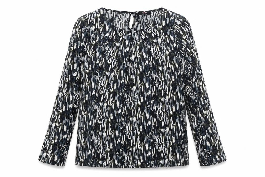 Front view of Yest women’s black geometric viscose basic t-shirt, size UK 12, round neck