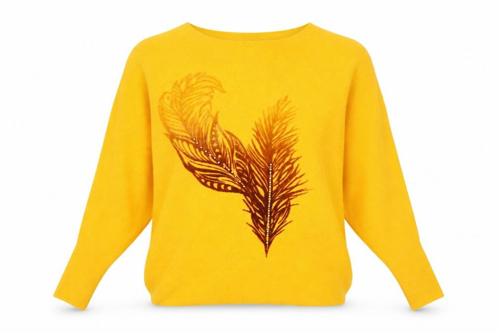 Front view of Amo & Roma women’s yellow round neck viscose jumper, size S, - feather
