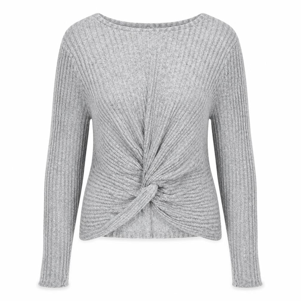Front view of New Look women’s grey round neck viscose jumper, size UK 8