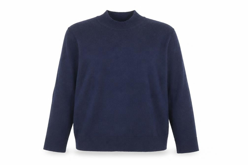 Front view of Atmosphere women’s blue roll neck viscose jumper, size UK 12