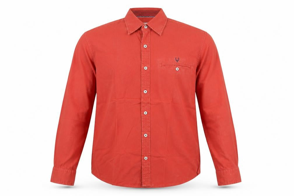 Front view of Allen Solly men’s orange cotton button-up, size 40, collared button