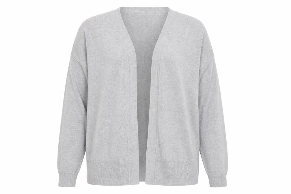 Front view of Nutmeg women’s grey v-neck nylon cardigan jumper, size UK 8