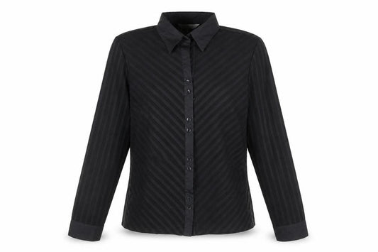 Front view of AMARANTO women’s black geometric polyester basic button-up, size UK 12, v-neck