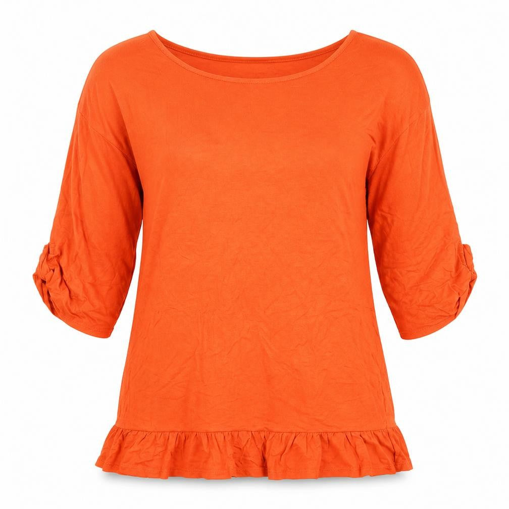 Front view of Indigo & Co women’s orange viscose basic t-shirt, size M, round neck