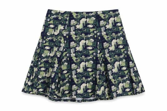Front view of Preworn women’s green geometric polyester skater skirt, size UK 38, in