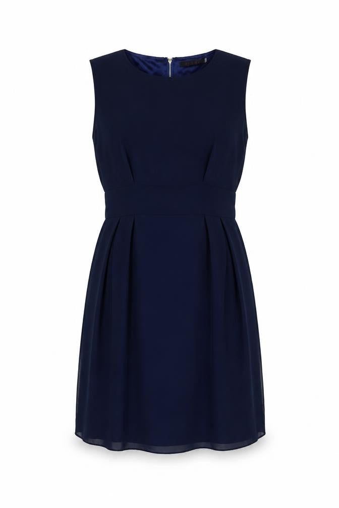 Front view of Tenki women’s blue polyester a-line, size UK 10, scoop neck zip