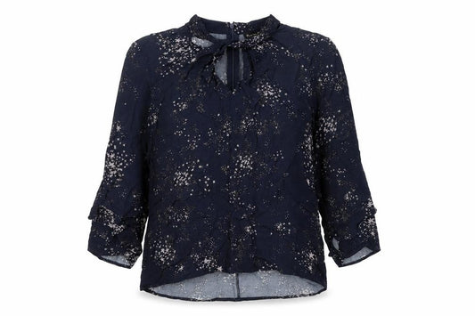 Front view of Phase Eight women’s blue geometric viscose basic blouse, size UK 8, v-neck