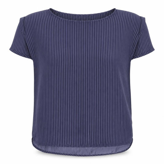 Front view of Minus women’s blue striped polyester basic t-shirt, size UK 14, round neck