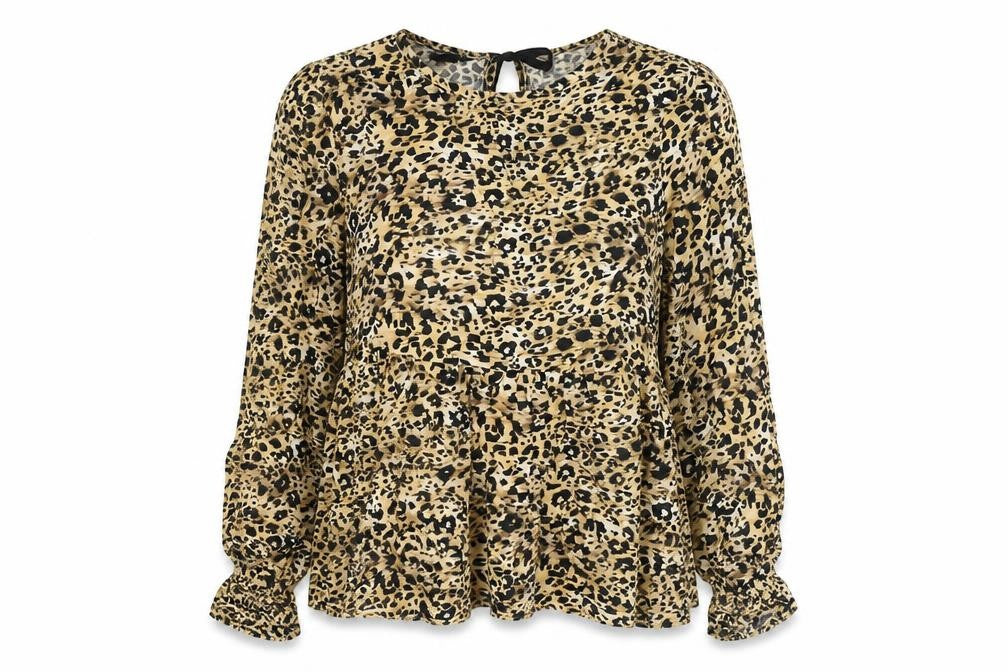 Front view of New Look women’s multicoloured animal print viscose basic blouse, size UK 10, round neck - leopard print