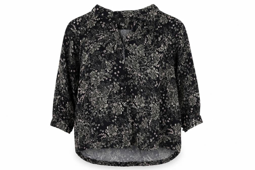 Front view of And/Or women’s black floral viscose basic blouse, size UK 8, v-neck