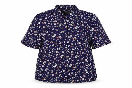 Front view of Pull&Bear women’s blue floral viscose basic button-up, size M, collared
