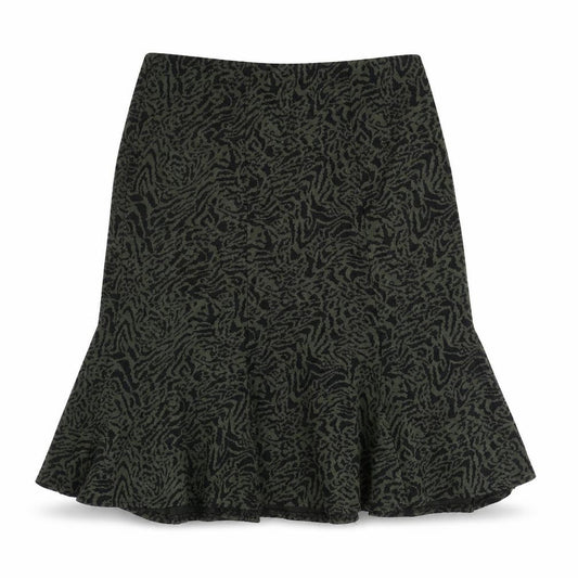 Front view of BM women’s green animal print acrylic swing skirt, size UK 16