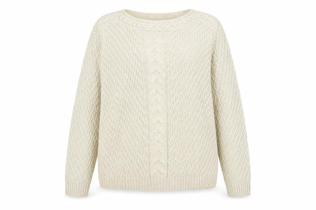 Front view of ISLE women’s brown round neck acrylic jumper, size M