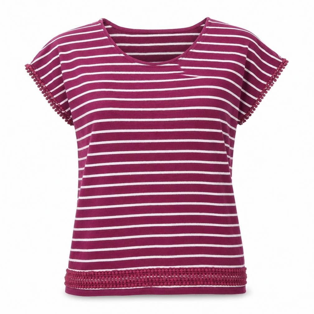 Front view of Bonmarché women’s purple striped polyester basic t-shirt, size UK 12, round neck