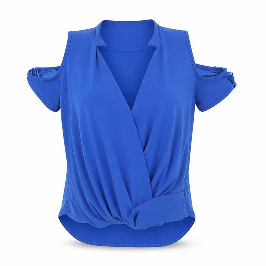 Front view of IX London women’s blue polyester basic blouse, size UK 12, v-neck - cold shoulder