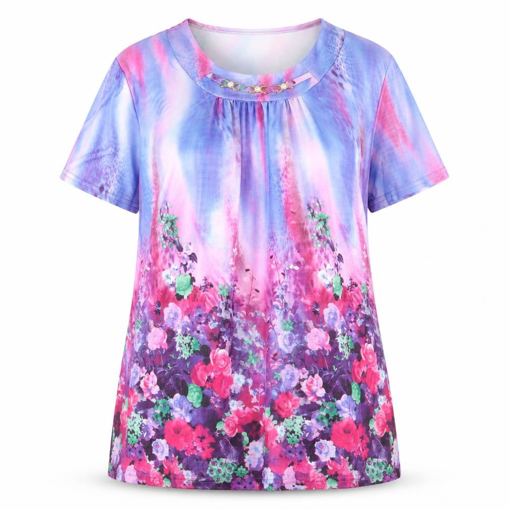 Front view of Xin Da women’s multicoloured geometric polyester basic t-shirt, size 2XL, round neck