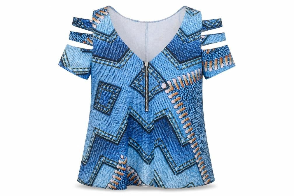 Front view of Chic Me women’s blue geometric polyester basic t-shirt, size S, v-neck - cold shoulder