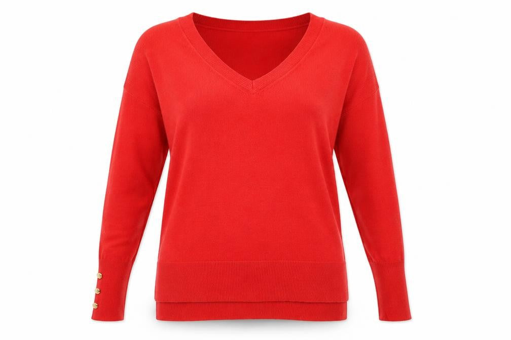 Front view of Primark women’s red v-neck acrylic jumper, size UK 12