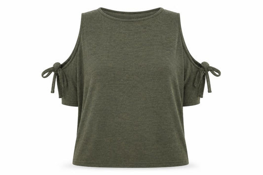 Front view of New Look women’s green round neck paisley polyester jumper, size M, - cold shoulder