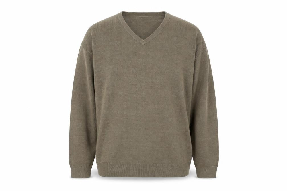 Front view of John Lewis men’s brown v-neck acrylic jumper, size L