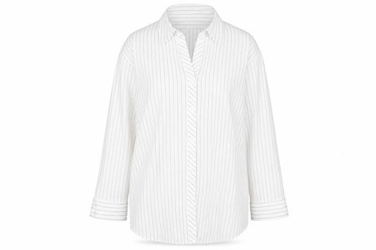 Front view of BHS women’s white striped polyester basic button-up, size UK 12, collared