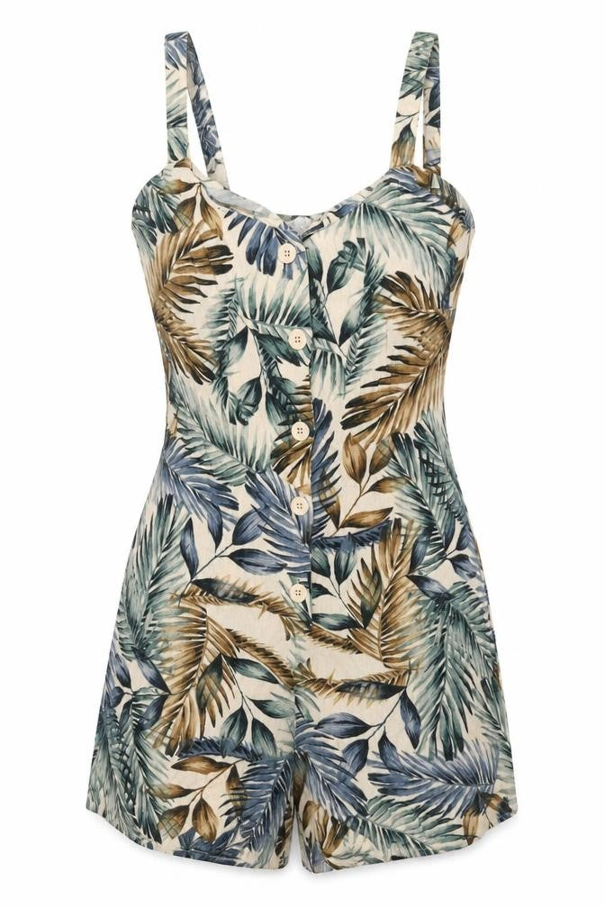 Front view of Primark women’s beige geometric viscose playsuit one-piece, size UK 8, button