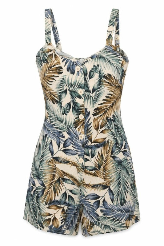 Front view of Primark women’s beige geometric viscose playsuit one-piece, size UK 8, button