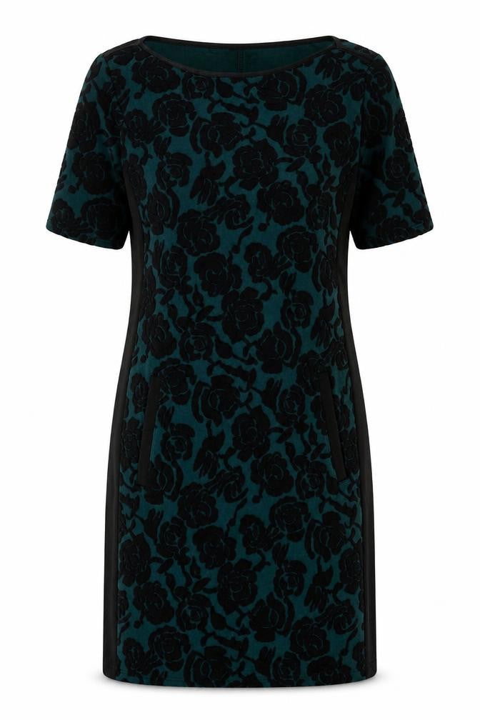 Front view of Dorothy Perkins women’s green floral polyester shift, size UK 6, boat neck pullover