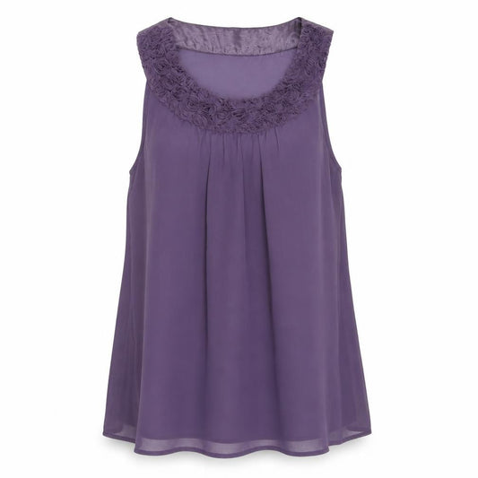 Front view of INTOWN women’s purple polyester basic tank, size UK 8, round neck