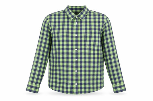 Front view of Denim & Co. women’s green geometric cotton basic button-up, size M, v-neck