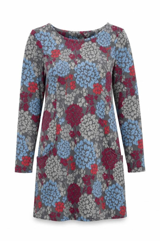 Front view of Lily women’s grey floral polyester shift, size UK 10, round neck pullover