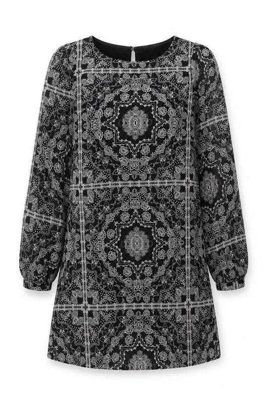 Front view of Primark women’s black geometric polyester a-line, size UK 8, round neck button
