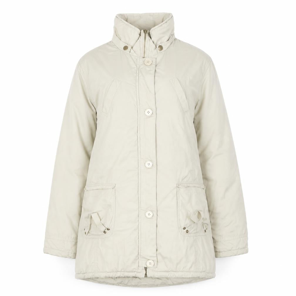 Front view of Next women’s beige overcoat coat, size UK 12, zip