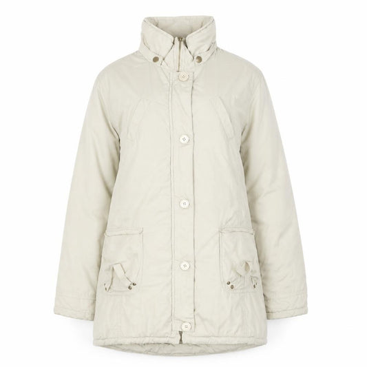Front view of Next women’s beige overcoat coat, size UK 12, zip