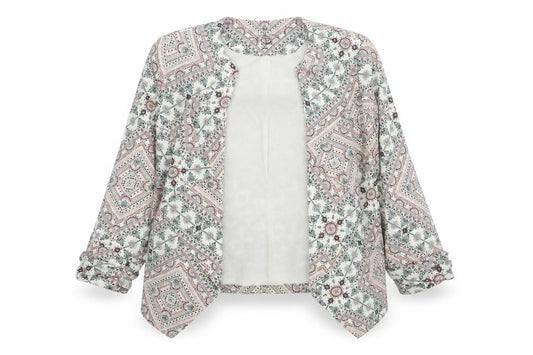 Front view of New Look women’s multicoloured geometric jacket, size UK 10