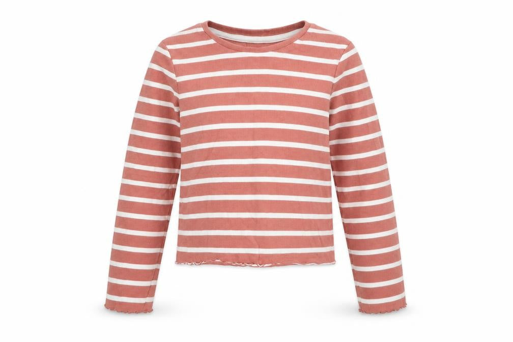 Front view of Nutmeg boys’ pink round neck striped cotton jumper, size 11-12, years pullover