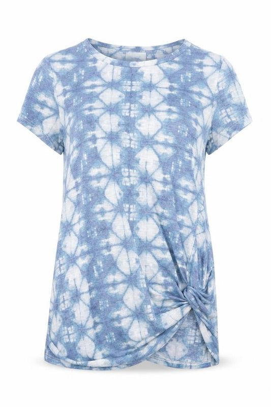 Front view of Next women’s blue geometric polyester tunic t-shirt, size UK 8, round neck