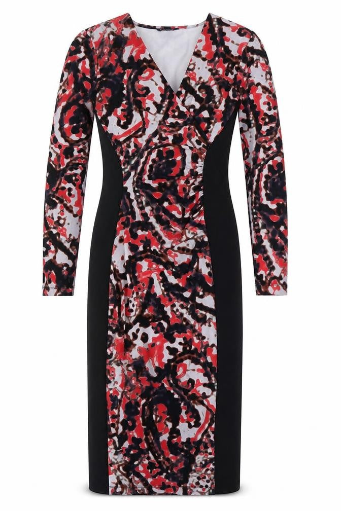 Front view of Marks & Spencer women’s black geometric polyester a-line, size UK 8, v-neck pullover