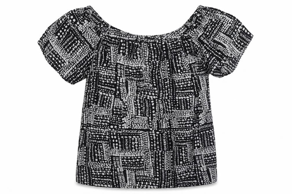Front view of Papaya women’s black geometric viscose basic blouse, size UK 12, boat neck