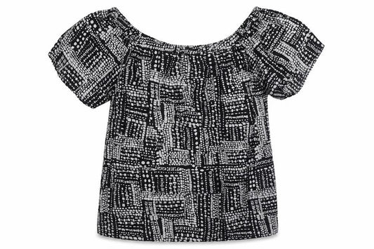 Front view of Papaya women’s black geometric viscose basic blouse, size UK 12, boat neck