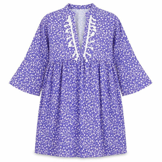 Front view of women’s blue floral polyester fit & flare, size S, v-neck pullover