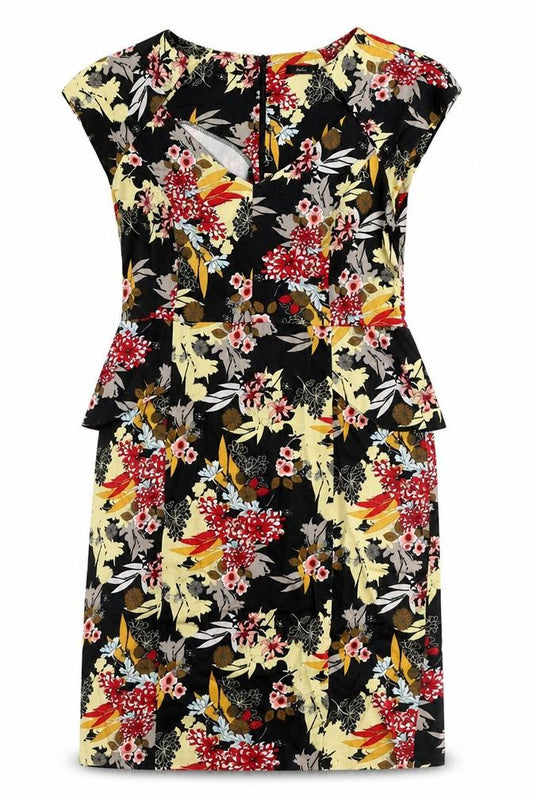 Front view of M&Co women’s black floral cotton a-line, size UK 12, round neck zip