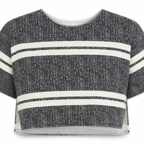 Topshop Womens Black Geometric Polyester Cropped T-Shirt Size 10 Round Neck