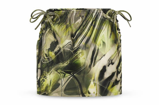 Front view of PRETTYLITTLETHING women’s green geometric polyester bandage skirt, size UK 10, tie
