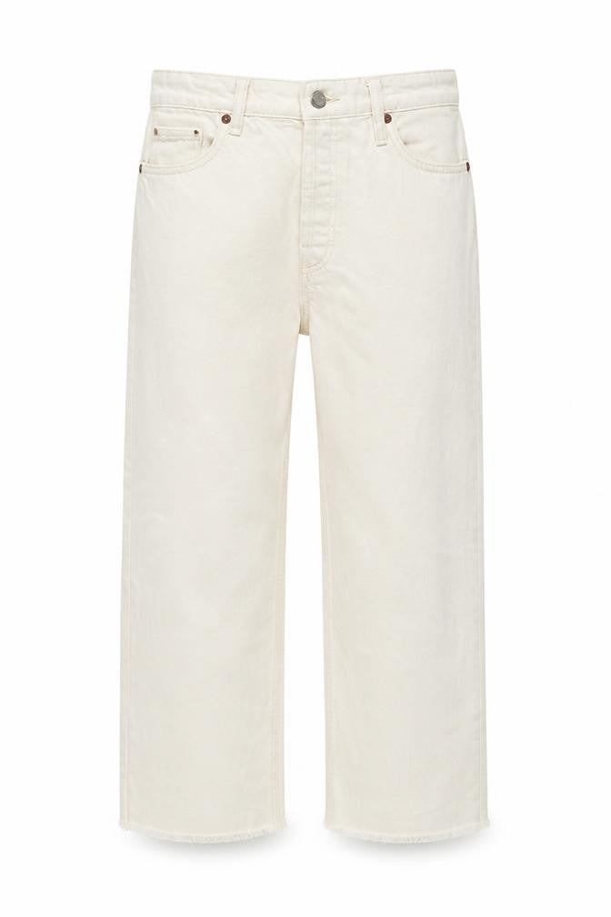 Front view of Zara women’s white cotton straight jeans, size UK 8, regular button - distressed hems